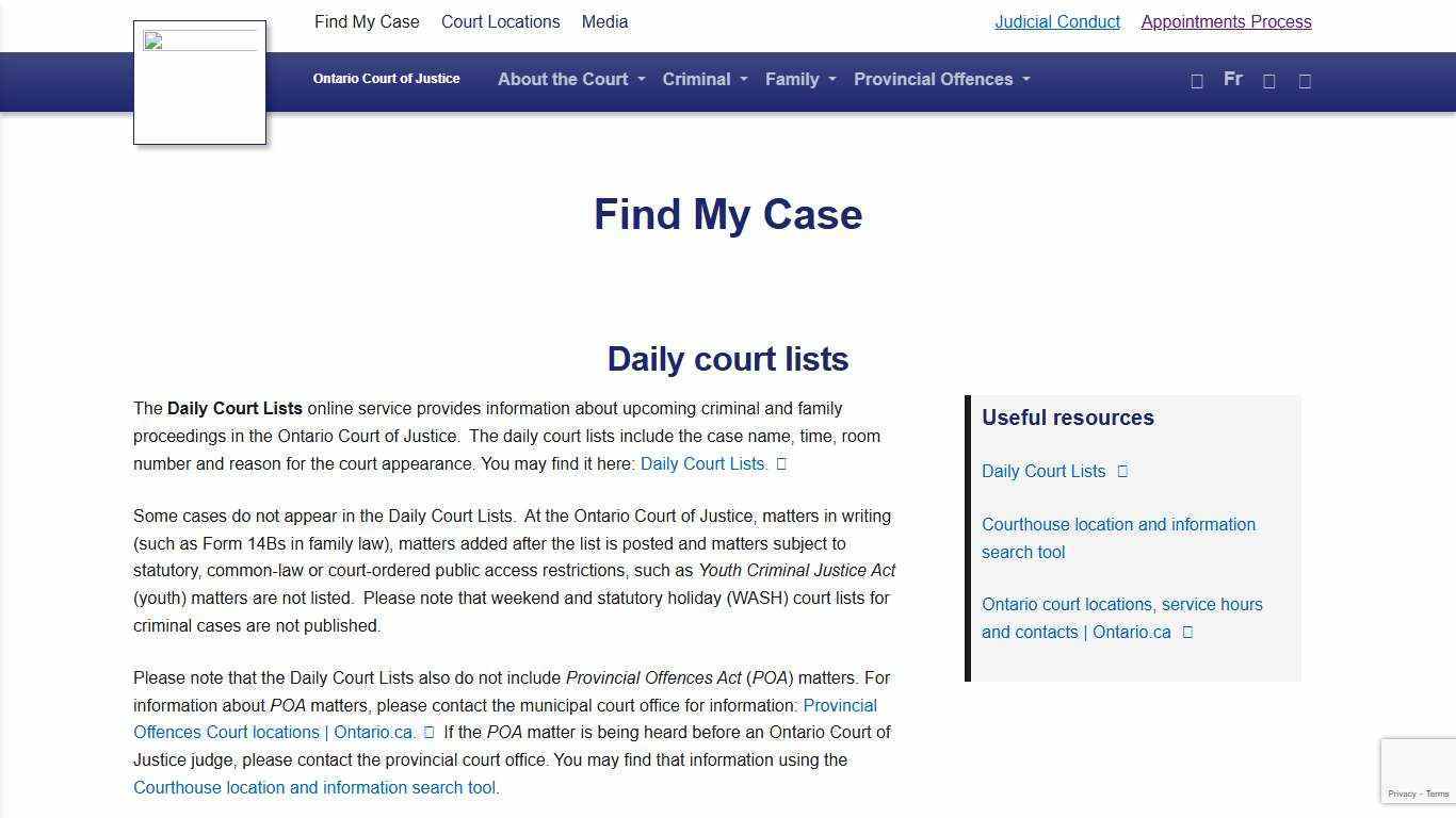 Find My Case - Ontario Court of Justice